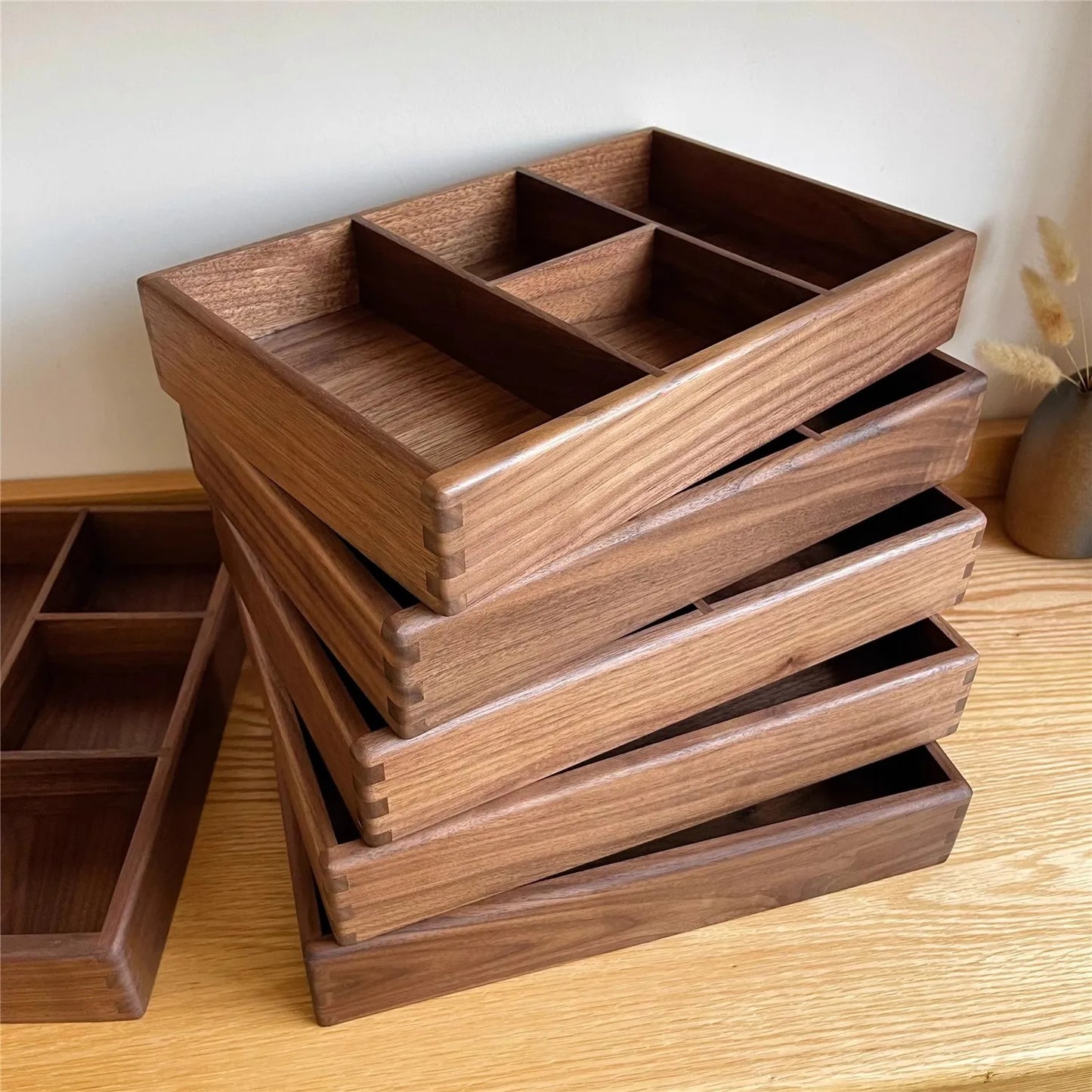 Solid Walnut Desk Organizer – Compartment Wooden Storage Box