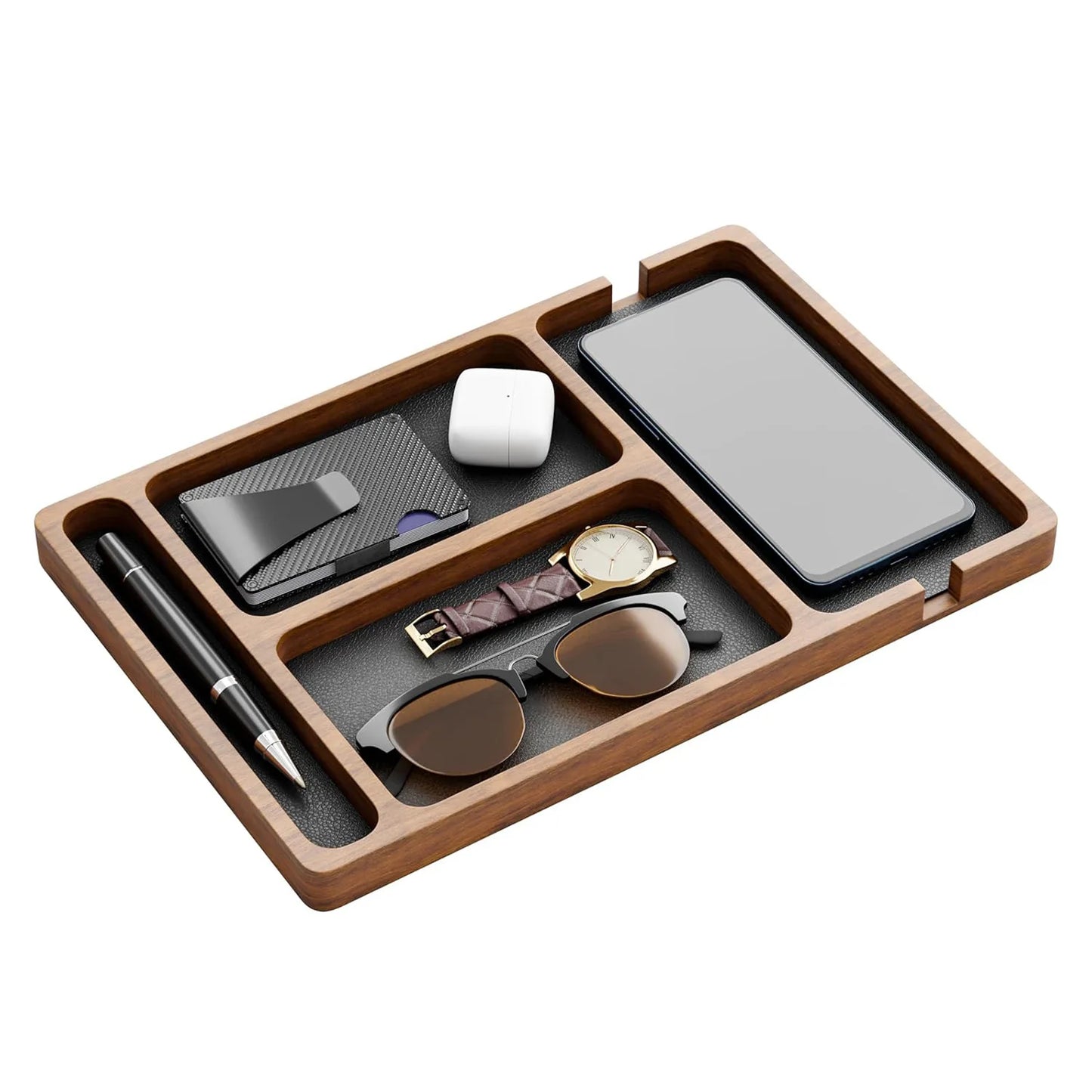 3-in-1 Wooden Desk Tray - Phone Stand, Key Tray, Headphone Holder