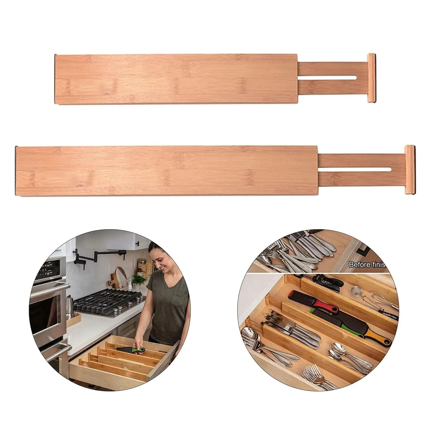 Adjustable Bamboo Drawer Dividers – Expandable Organizer for Kitchen, Bedroom & Office