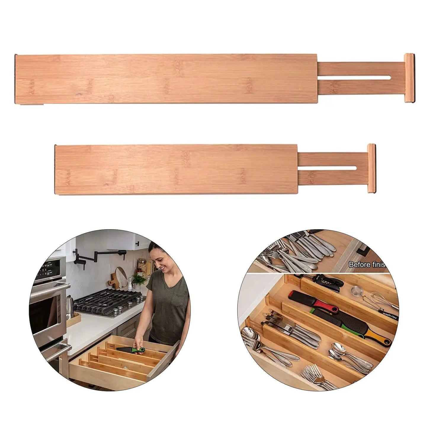 Adjustable Bamboo Drawer Dividers – Expandable Organizer for Kitchen, Bedroom & Office