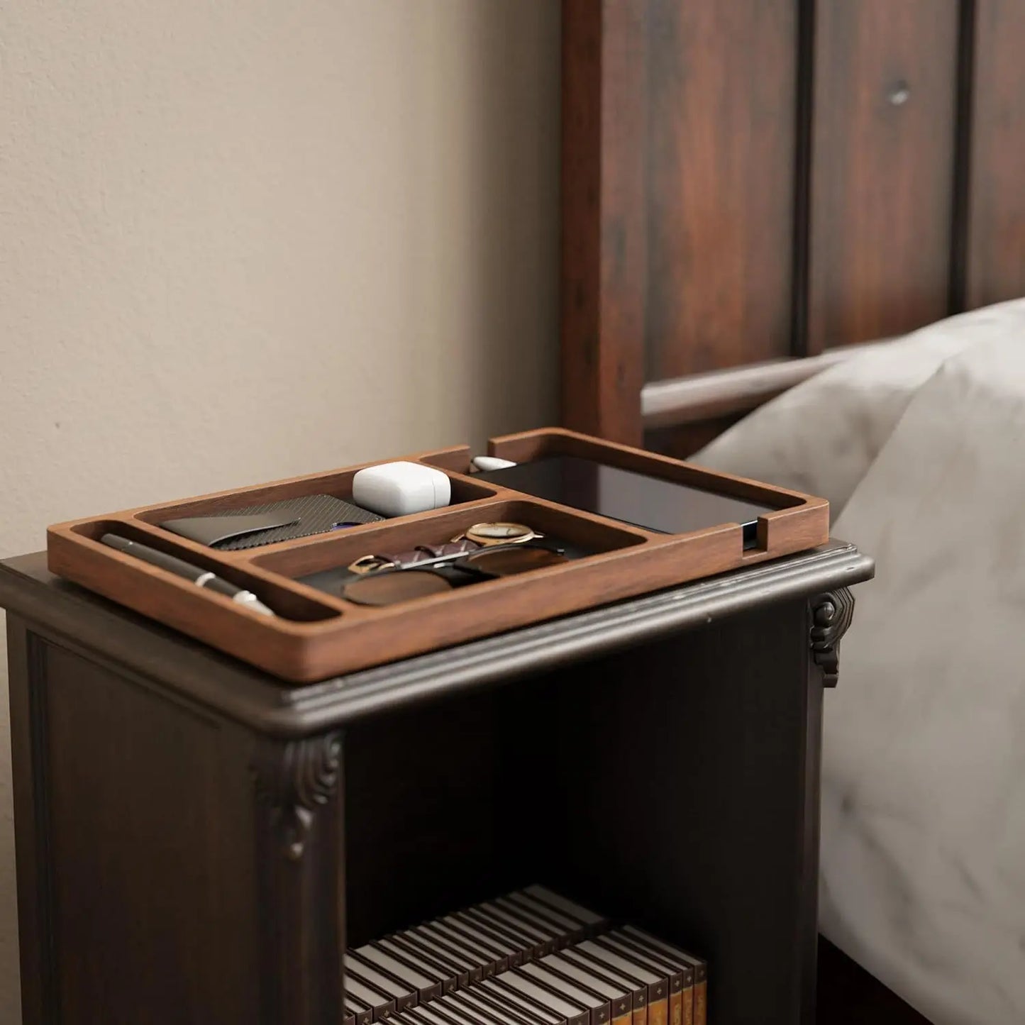 3-in-1 Wooden Desk Tray - Phone Stand, Key Tray, Headphone Holder