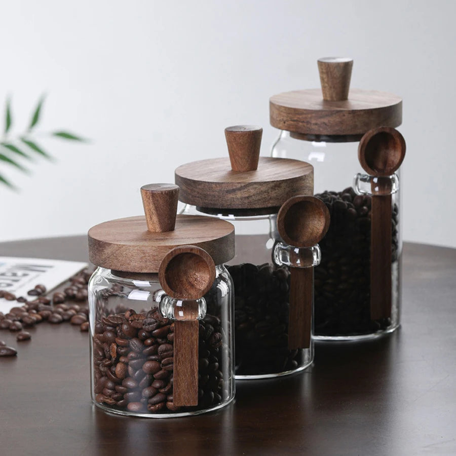 Glass Food Storage Jars with Wooden Lids & Scoop – Airtight Kitchen Containers
