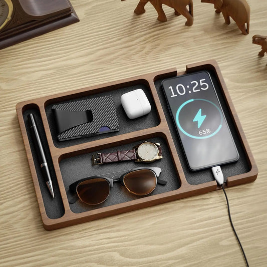 3-in-1 Wooden Desk Tray - Phone Stand, Key Tray, Headphone Holder