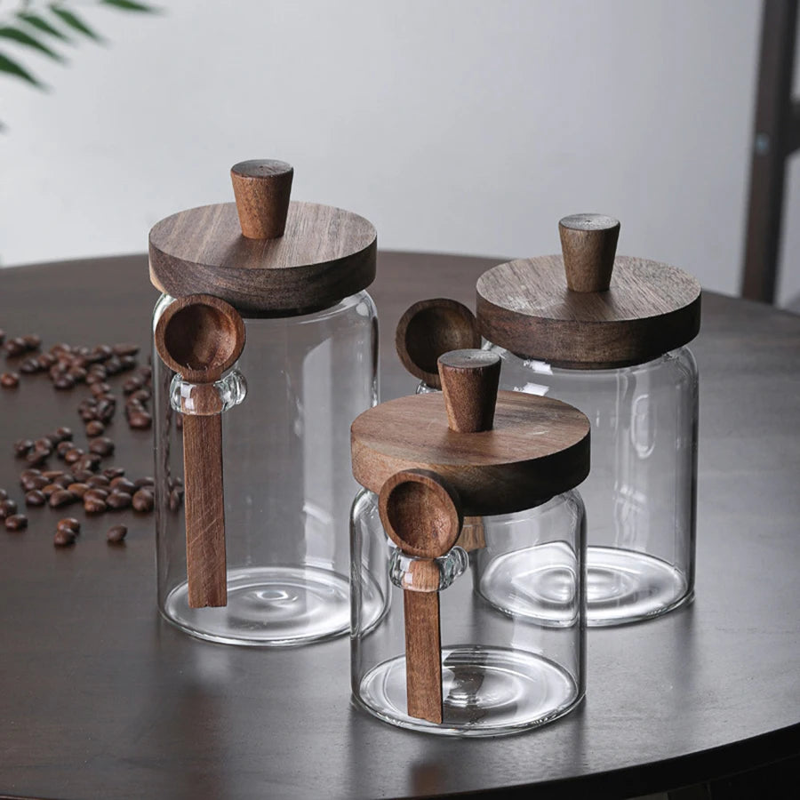 Glass Food Storage Jars with Wooden Lids & Scoop – Airtight Kitchen Containers